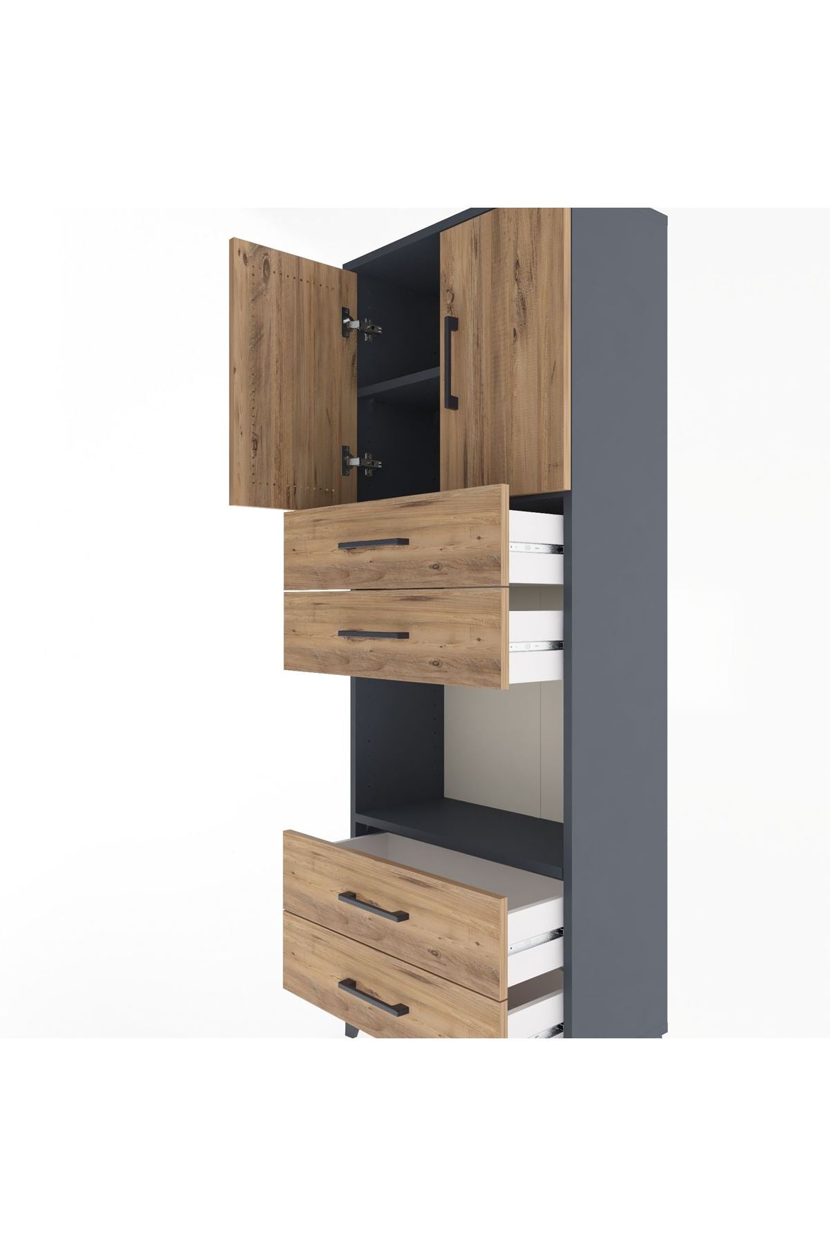 Arges Dolap 3 Raflı 4 Çekmeceli 2 Kapaklı 60x30x163 Antrasit-Çam