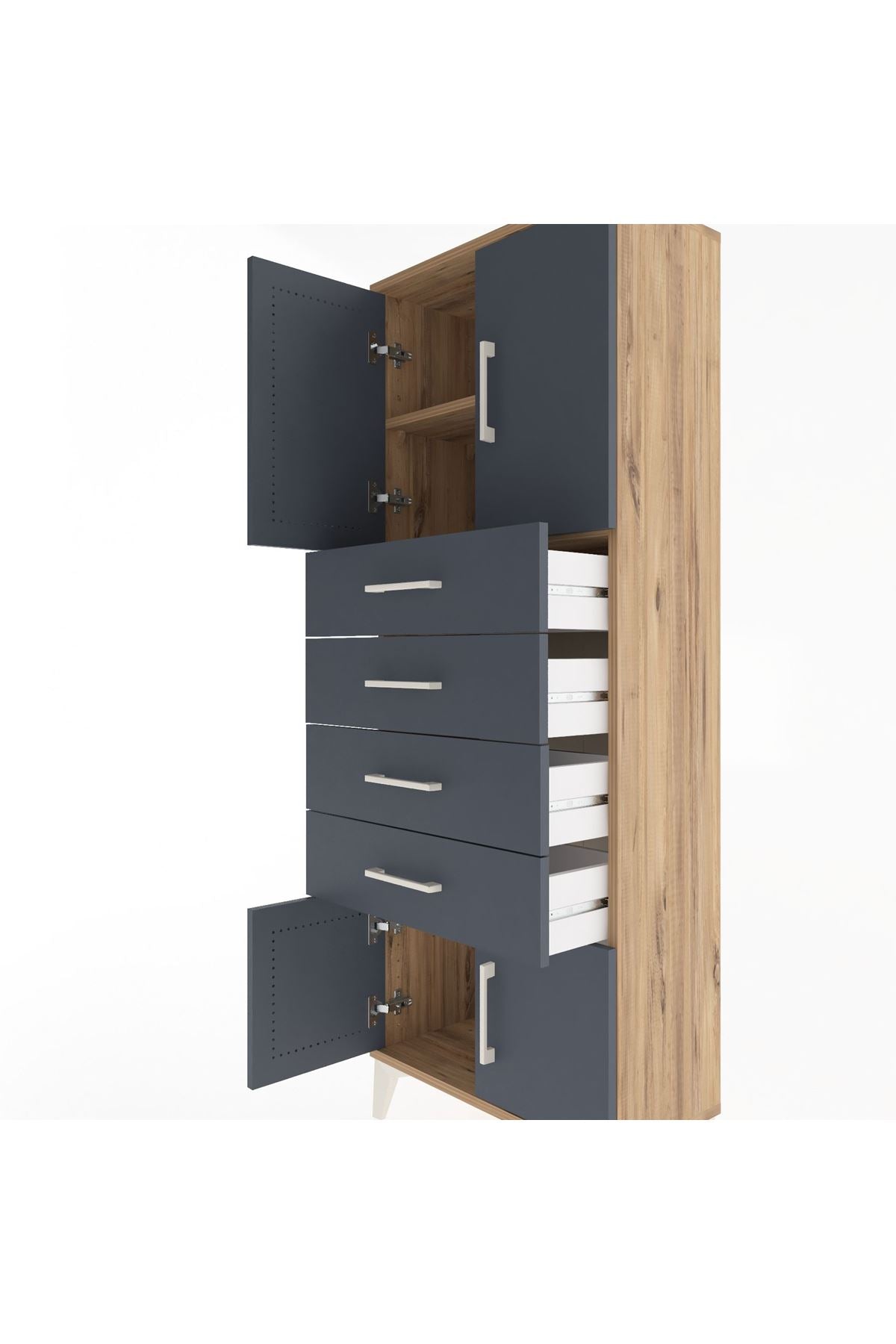 Arges Dolap 2 Raflı 4 Çekmeceli 4 Kapaklı 60x30x163 Çam-Antrasit