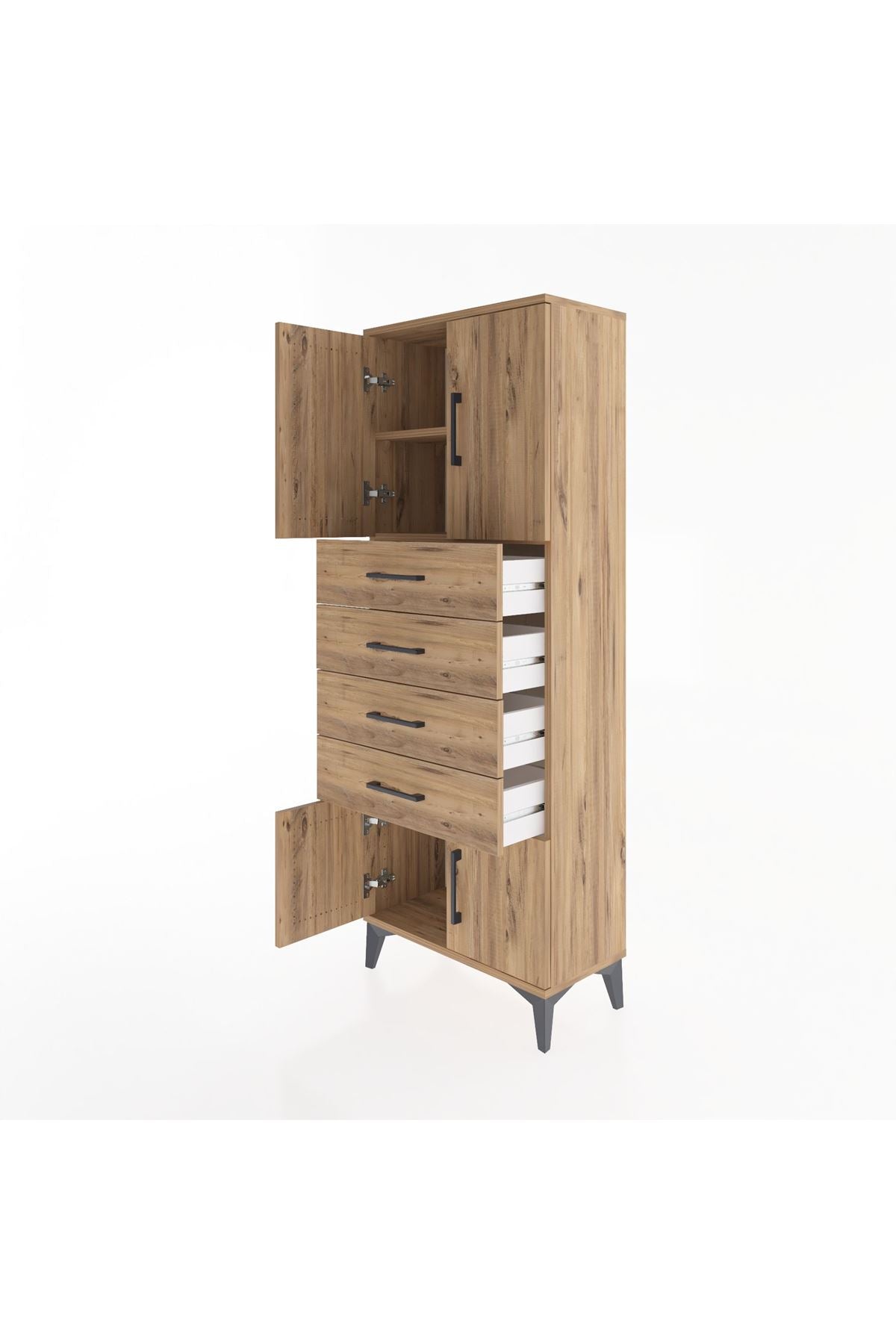 Arges Dolap 2 Raflı 4 Çekmeceli 4 Kapaklı 60x30x163 Çam-Çam