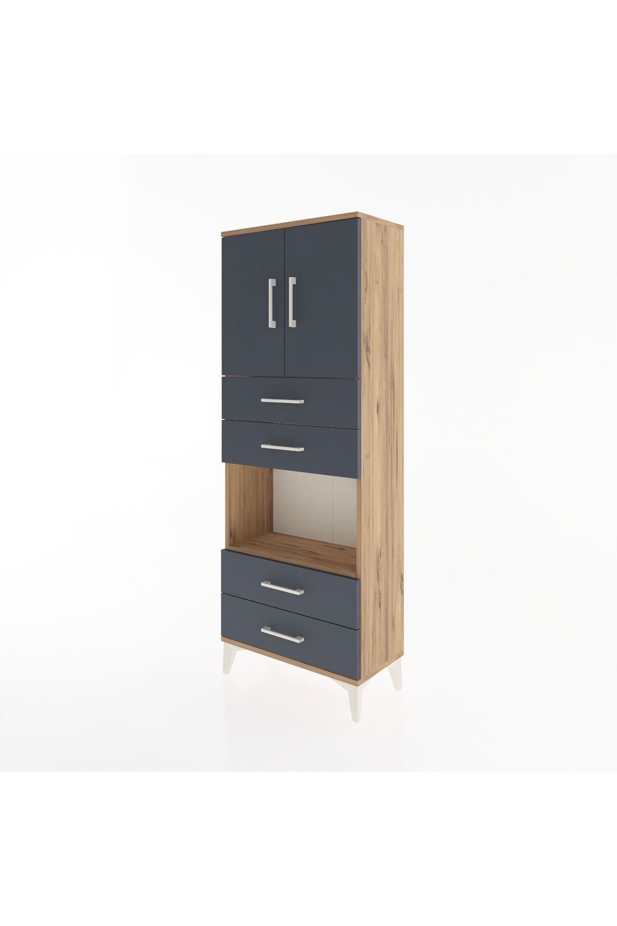 Arges Dolap 3 Raflı 4 Çekmeceli 2 Kapaklı 60x30x163 Çam-Antrasit