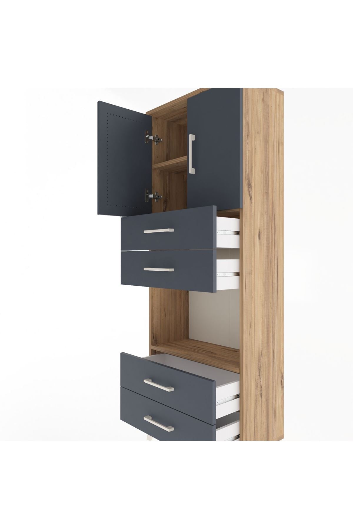 Arges Dolap 3 Raflı 4 Çekmeceli 2 Kapaklı 60x30x163 Çam-Antrasit