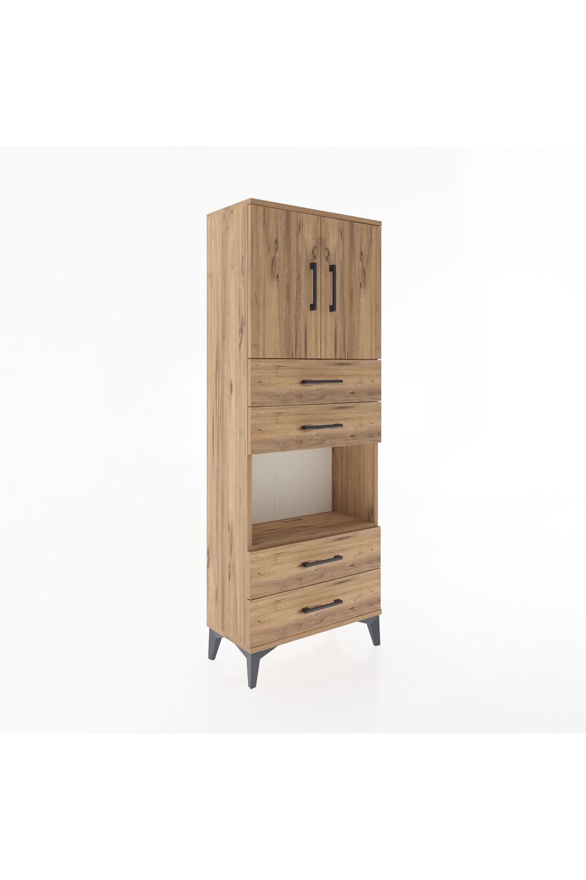 Arges Dolap 3 Raflı 4 Çekmeceli 2 Kapaklı 60x30x163 Çam-Çam