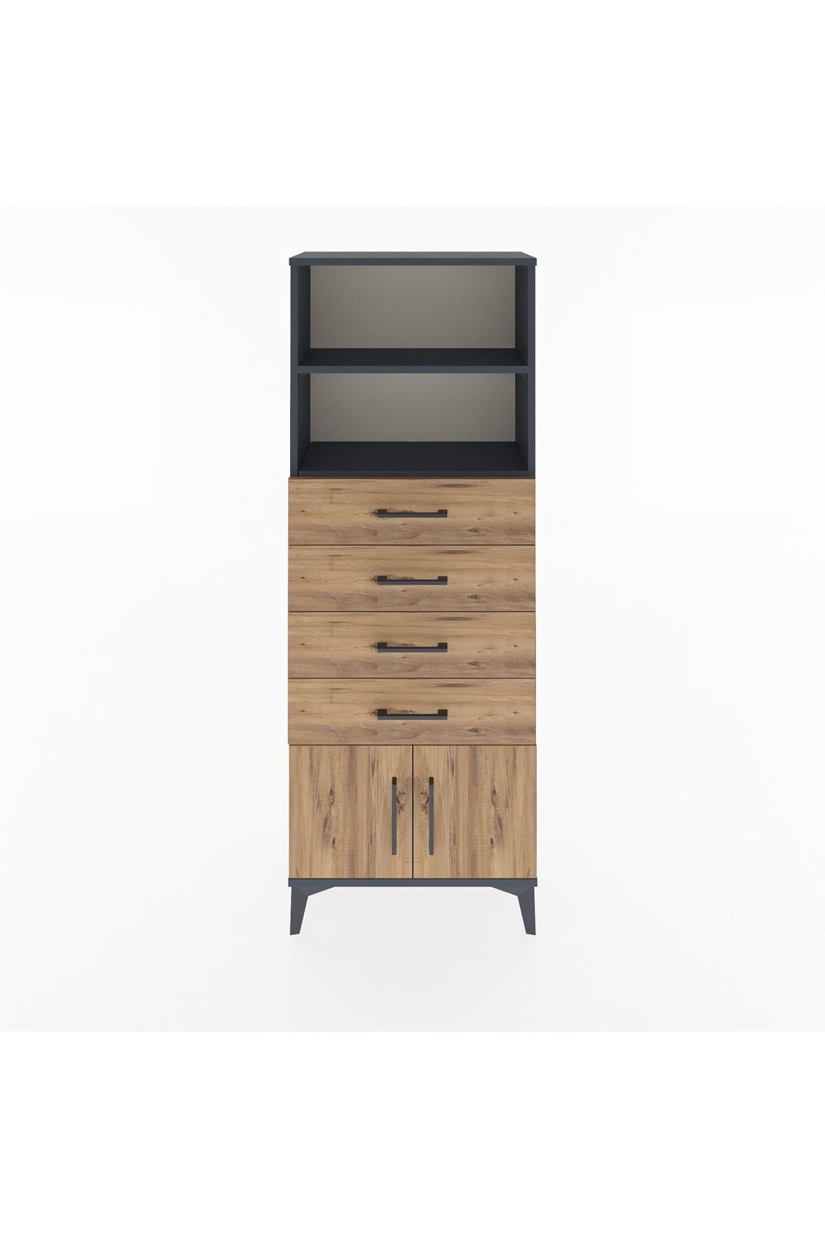 Arges Dolap 2 Raflı 4 Çekmeceli 2 Kapaklı 60x30x163 Antrasit-Çam