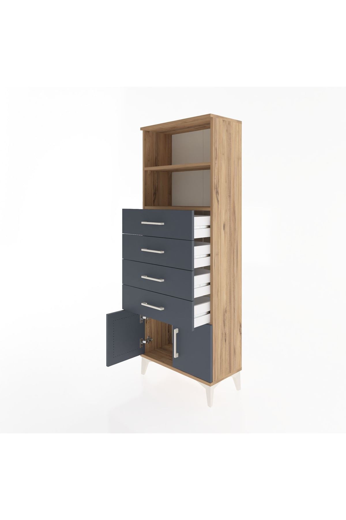 Arges Dolap 2 Raflı 4 Çekmeceli 2 Kapaklı 60x30x163 Çam-Antrasit