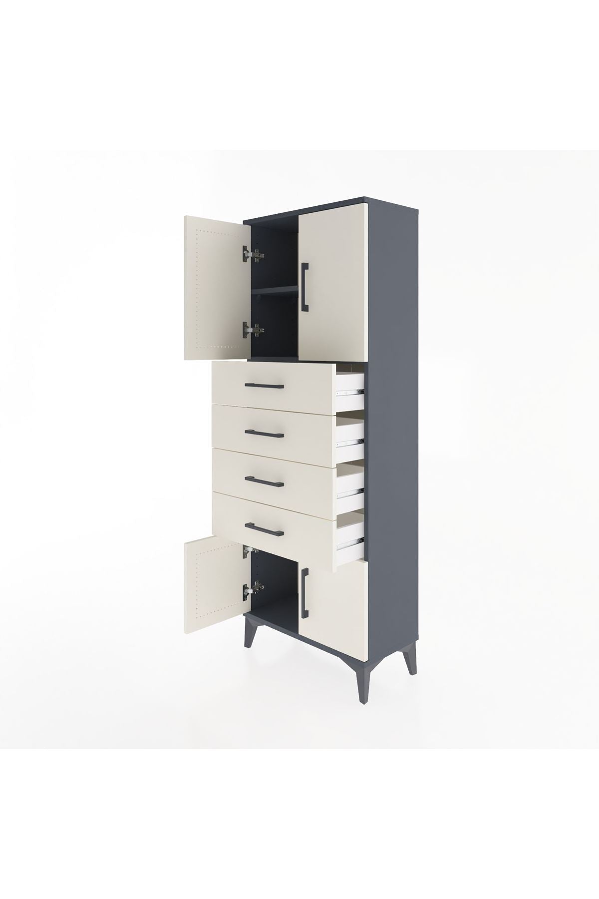 Arges Dolap 2 Raflı 4 Çekmeceli 4 Kapaklı 60x30x163 Antrasit-Aytaşı