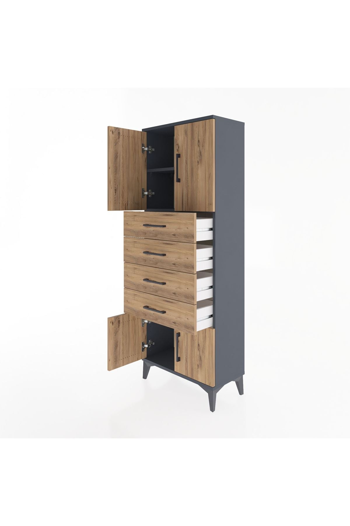 Arges Dolap 2 Raflı 4 Çekmeceli 4 Kapaklı 60x30x163 Antrasit-Çam