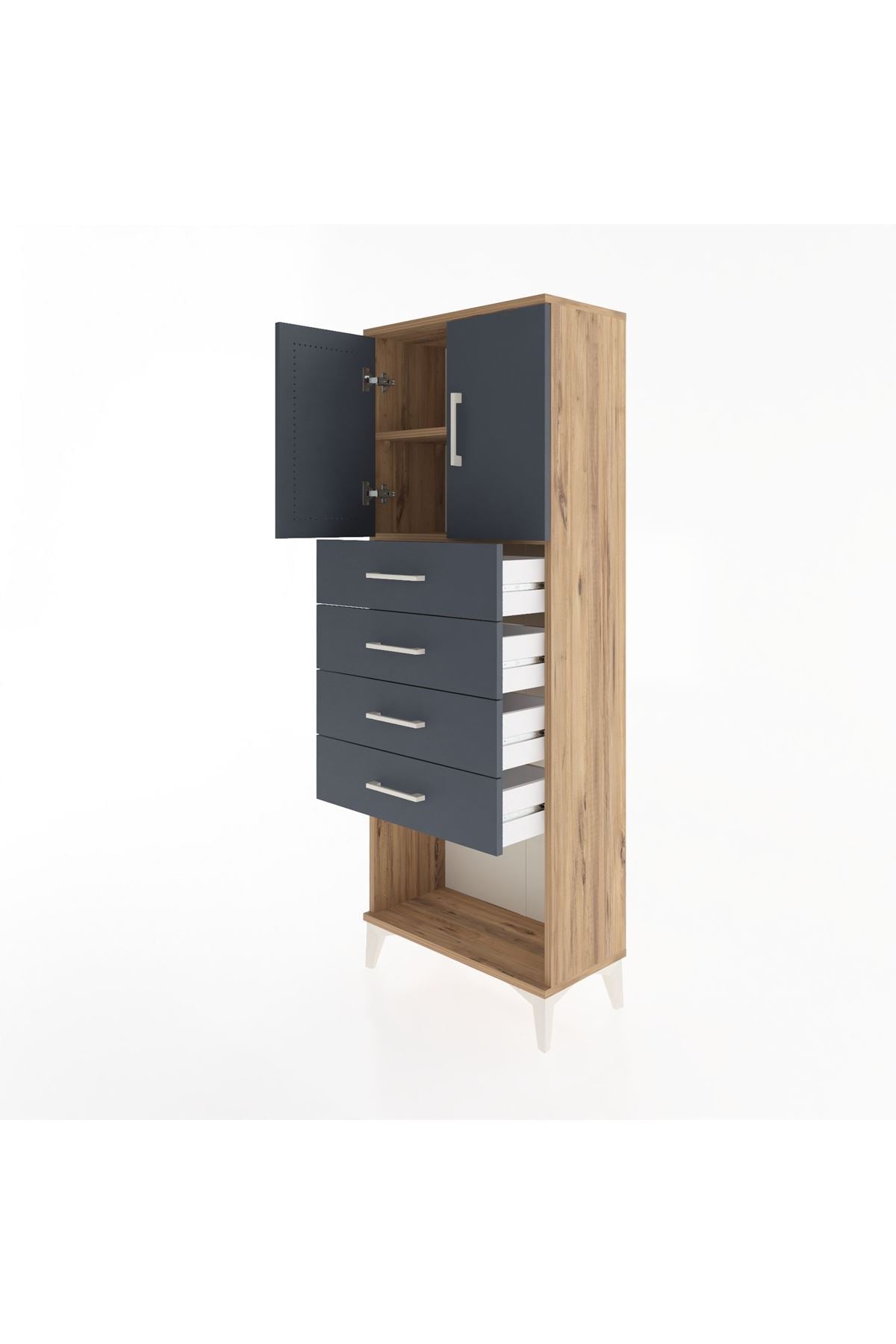 Arges Dolap 2 Raflı 4 Çekmeceli 2 Kapaklı 60x30x163 Çam-Antrasit