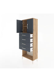 Arges Dolap 2 Raflı 4 Çekmeceli 2 Kapaklı 60x30x163 Çam-Antrasit