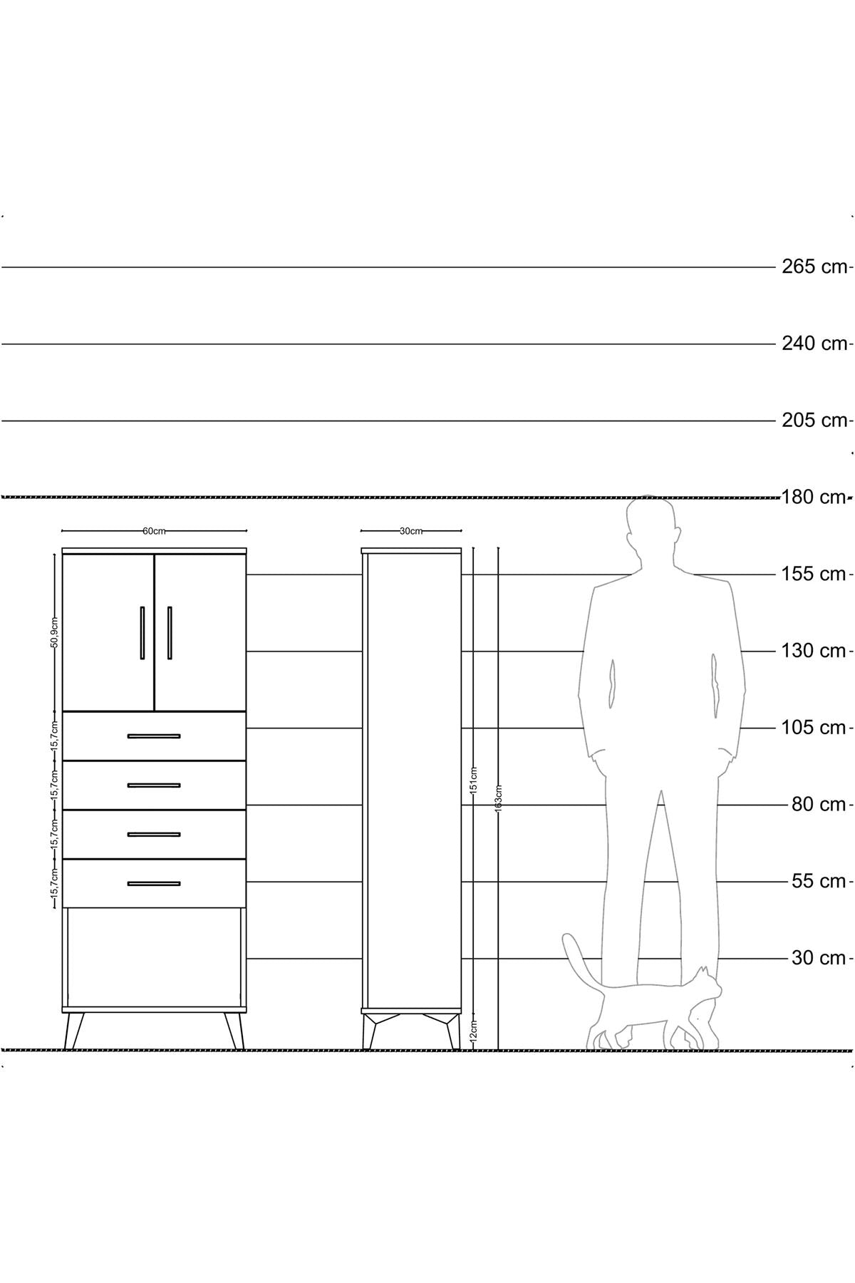 Arges Dolap 2 Raflı 4 Çekmeceli 2 Kapaklı 60x30x163 Çam-Antrasit