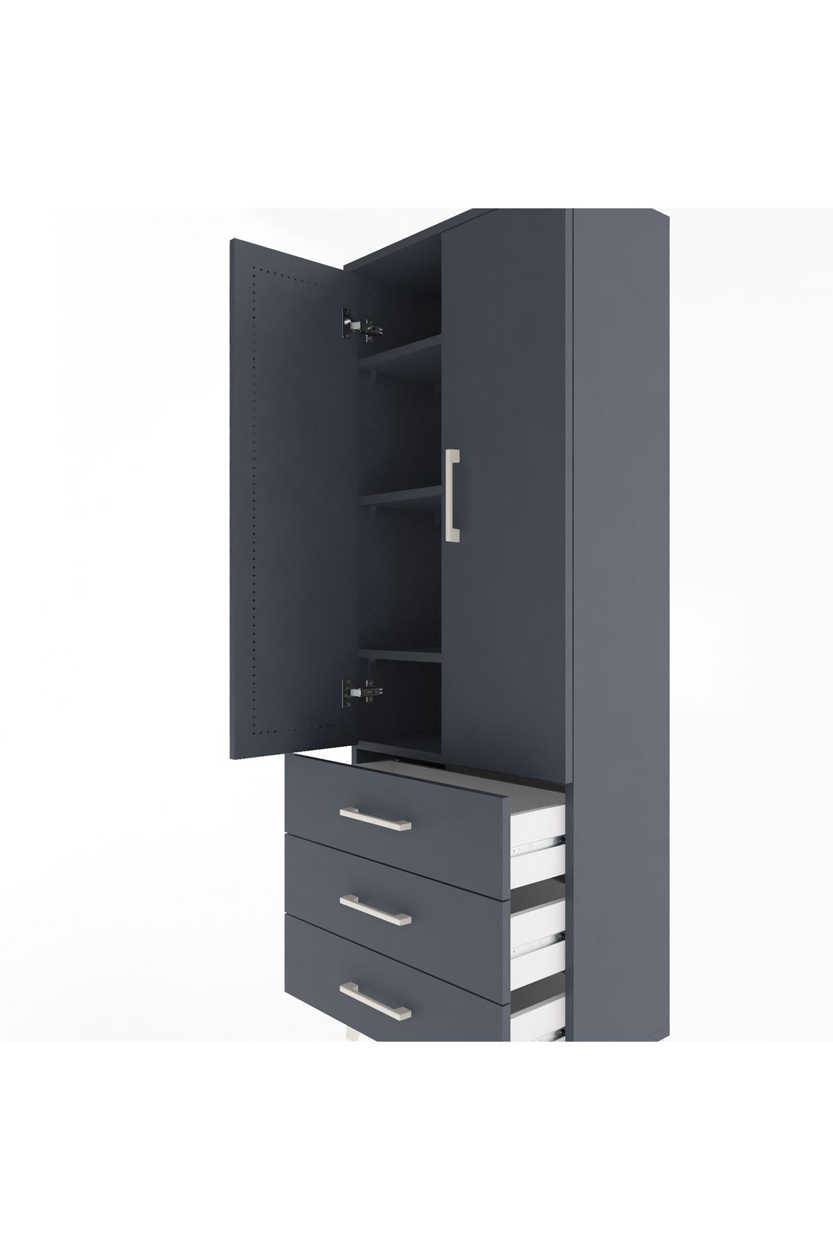 Arges Dolap 4 Raflı 3 Çekmeceli 2 Kapaklı 60x30x163 Antrasit-Antrasit