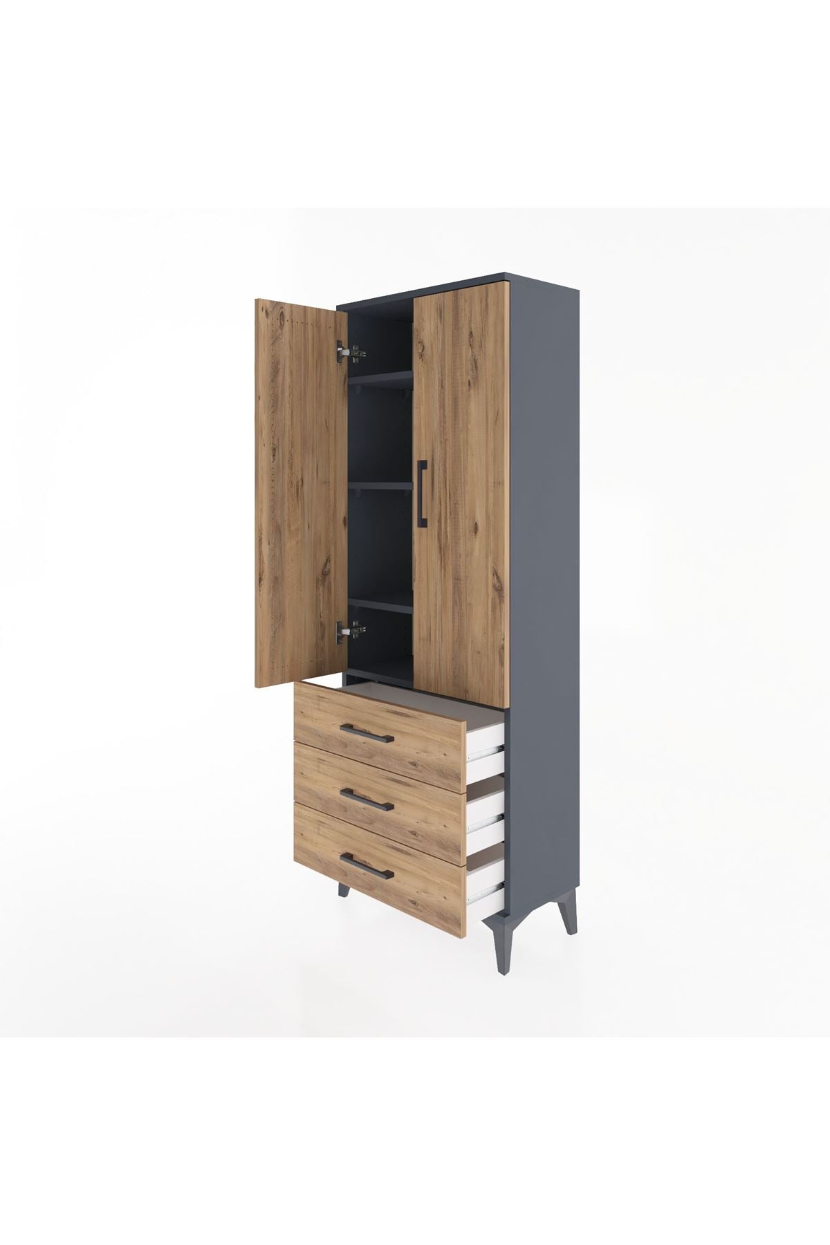 Arges Dolap 4 Raflı 3 Çekmeceli 2 Kapaklı 60x30x163 Antrasit-Çam