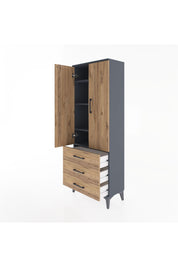 Arges Dolap 4 Raflı 3 Çekmeceli 2 Kapaklı 60x30x163 Antrasit-Çam