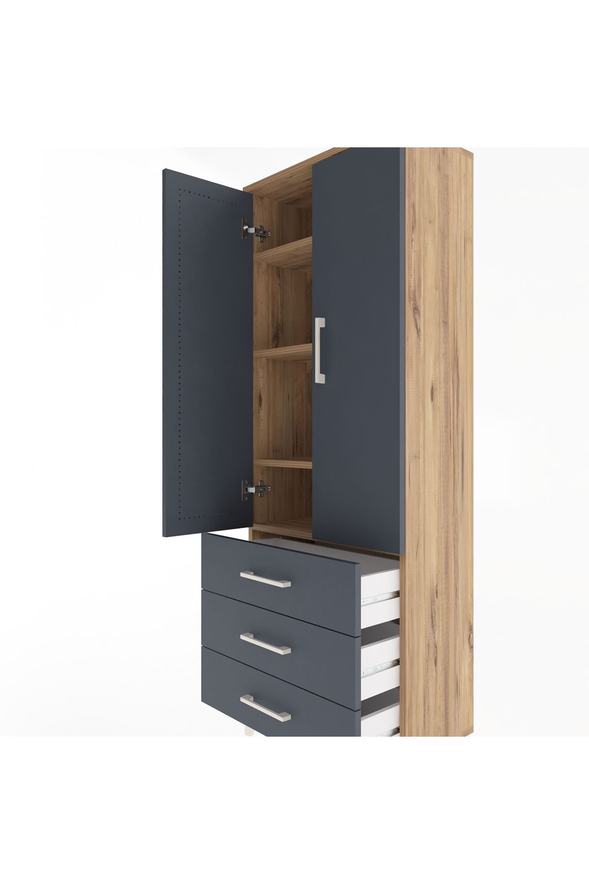 Arges Dolap 4 Raflı 3 Çekmeceli 2 Kapaklı 60x30x163 Çam-Antrasit
