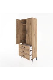Arges Dolap 4 Raflı 3 Çekmeceli 2 Kapaklı 60x30x163 Çam-Çam