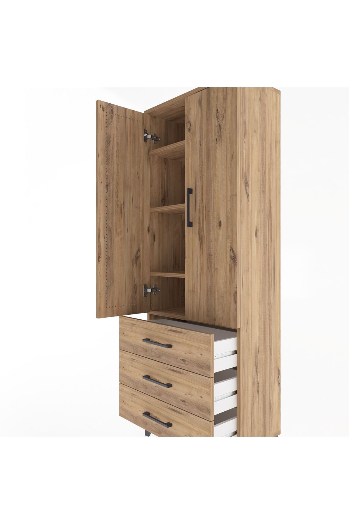 Arges Dolap 4 Raflı 3 Çekmeceli 2 Kapaklı 60x30x163 Çam-Çam