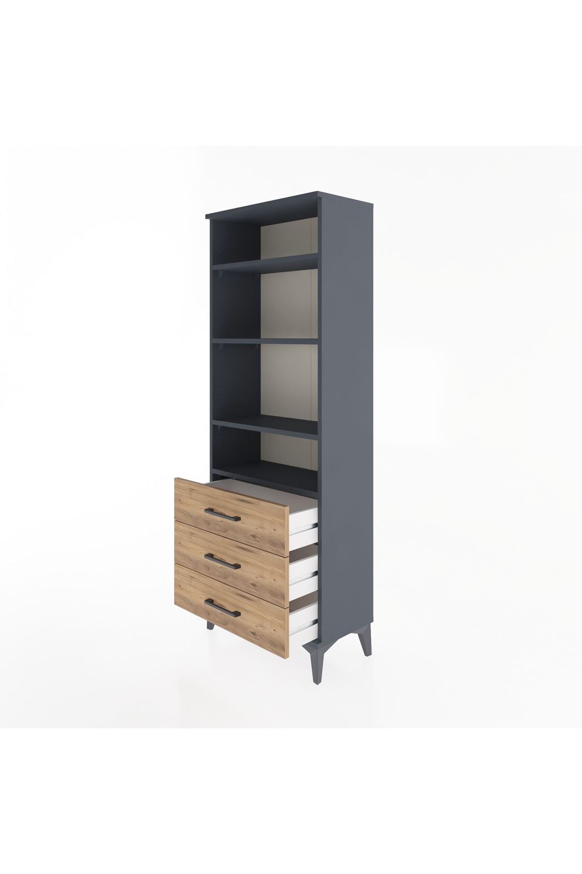 Arges Dolap 4 Raflı 3 Çekmeceli 60x30x163 Antrasit-Çam