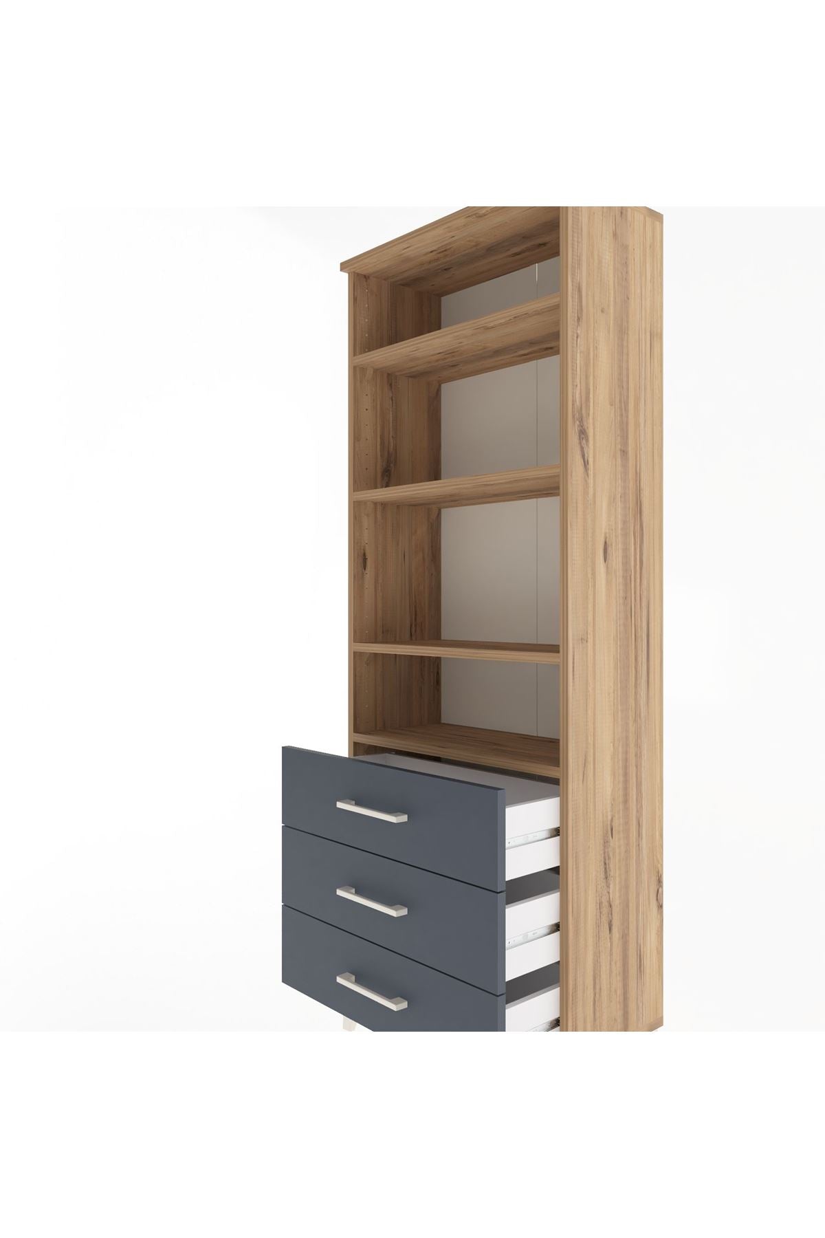 Arges Dolap 4 Raflı 3 Çekmeceli 60x30x163 Çam-Antrasit