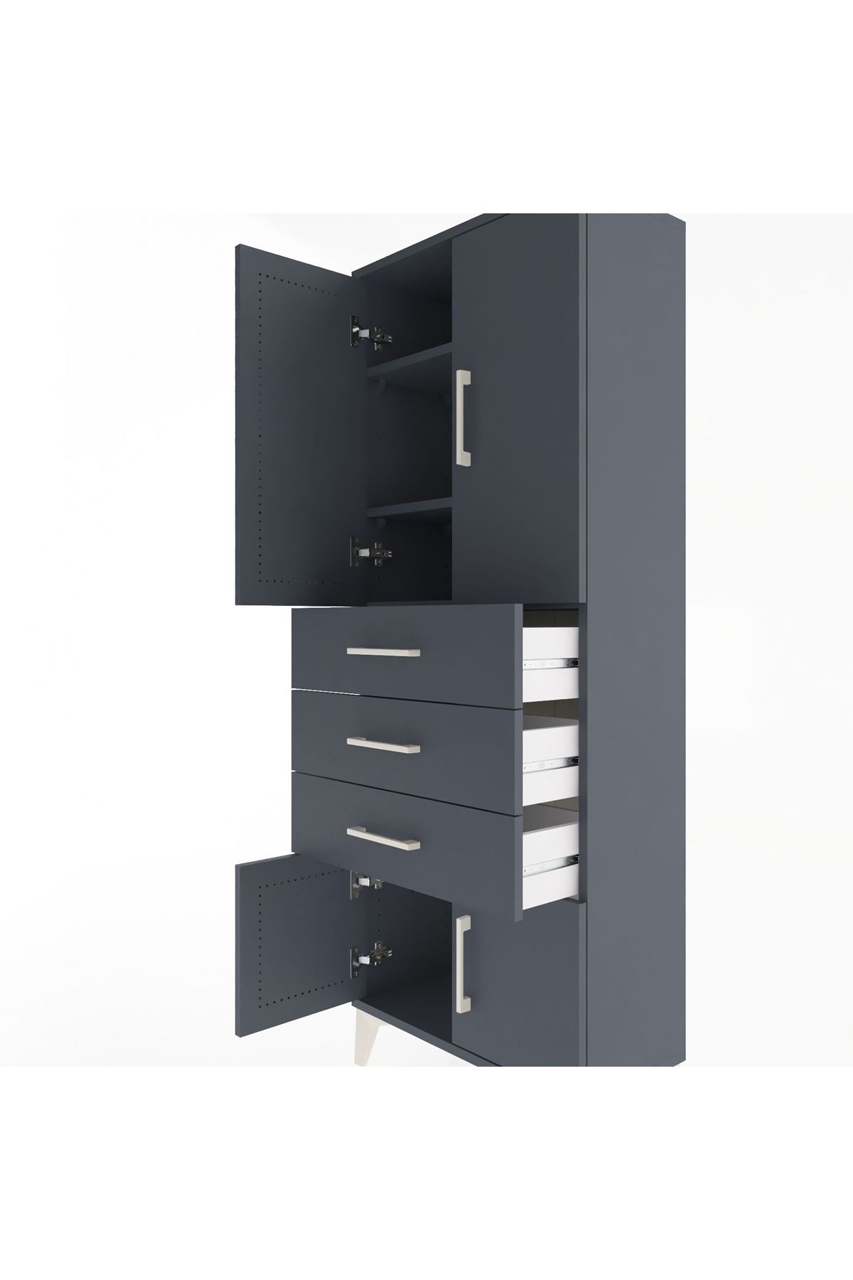 Arges Dolap 3 Raflı 3 Çekmeceli 4 Kapaklı 60x30x163 Antrasit-Antrasit