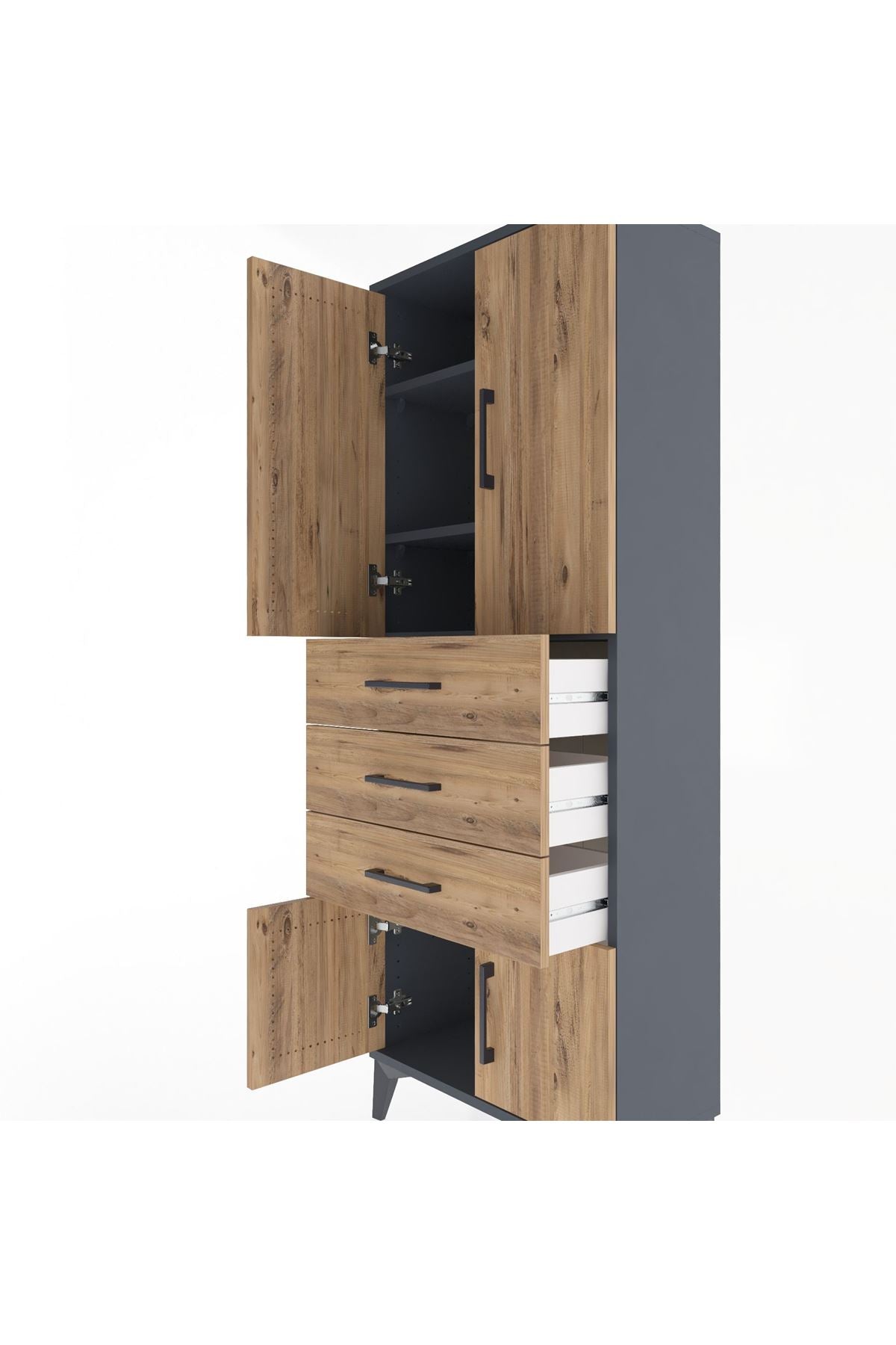 Arges Dolap 3 Raflı 3 Çekmeceli 4 Kapaklı 60x30x163 Antrasit-Çam