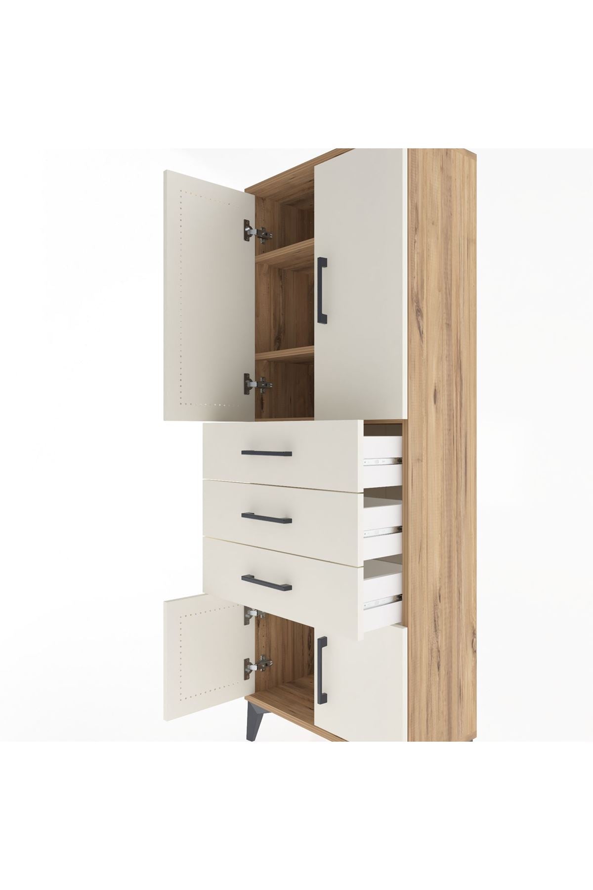 Arges Dolap 3 Raflı 3 Çekmeceli 4 Kapaklı 60x30x163 Çam-Aytaşı