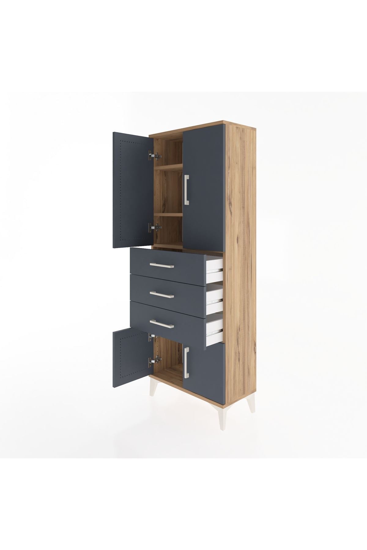 Arges Dolap 3 Raflı 3 Çekmeceli 4 Kapaklı 60x30x163 Çam-Antrasit