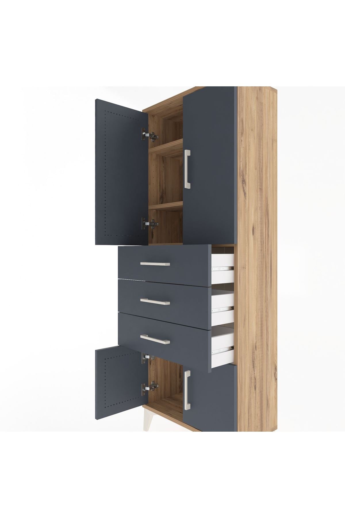 Arges Dolap 3 Raflı 3 Çekmeceli 4 Kapaklı 60x30x163 Çam-Antrasit