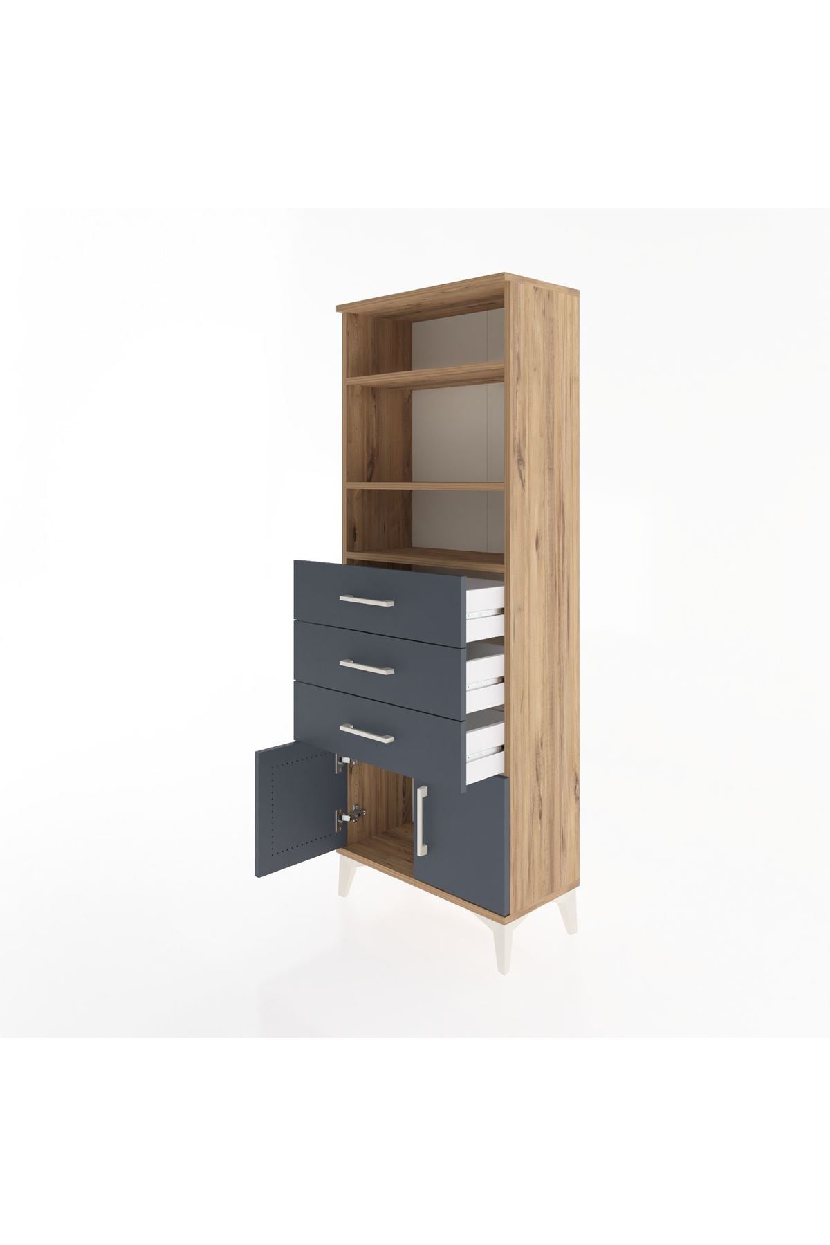 Arges Dolap 3 Raflı 3 Çekmeceli 2 Kapaklı 60x30x163 Çam-Antrasit