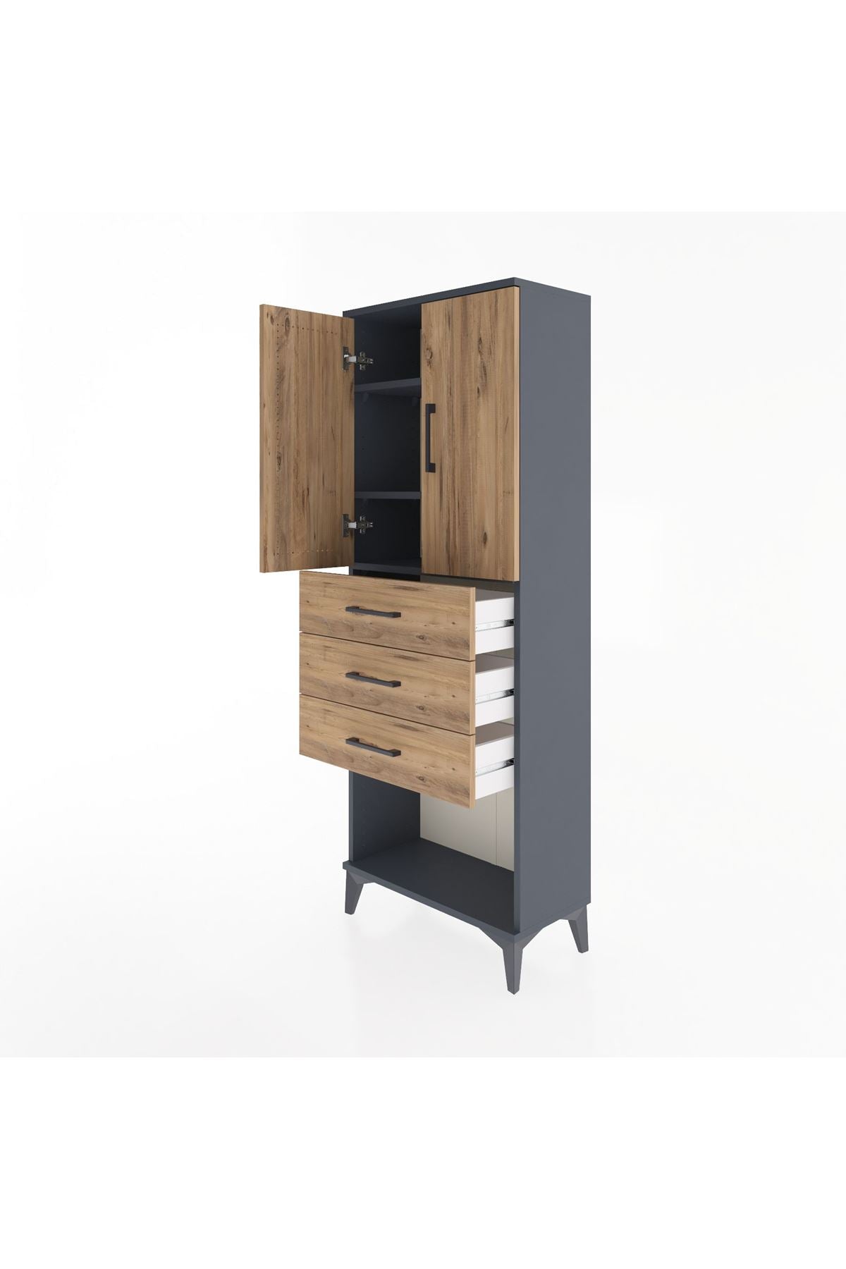 Arges Dolap 3 Raflı 3 Çekmeceli 2 Kapaklı 60x30x163 Antrasit-Çam