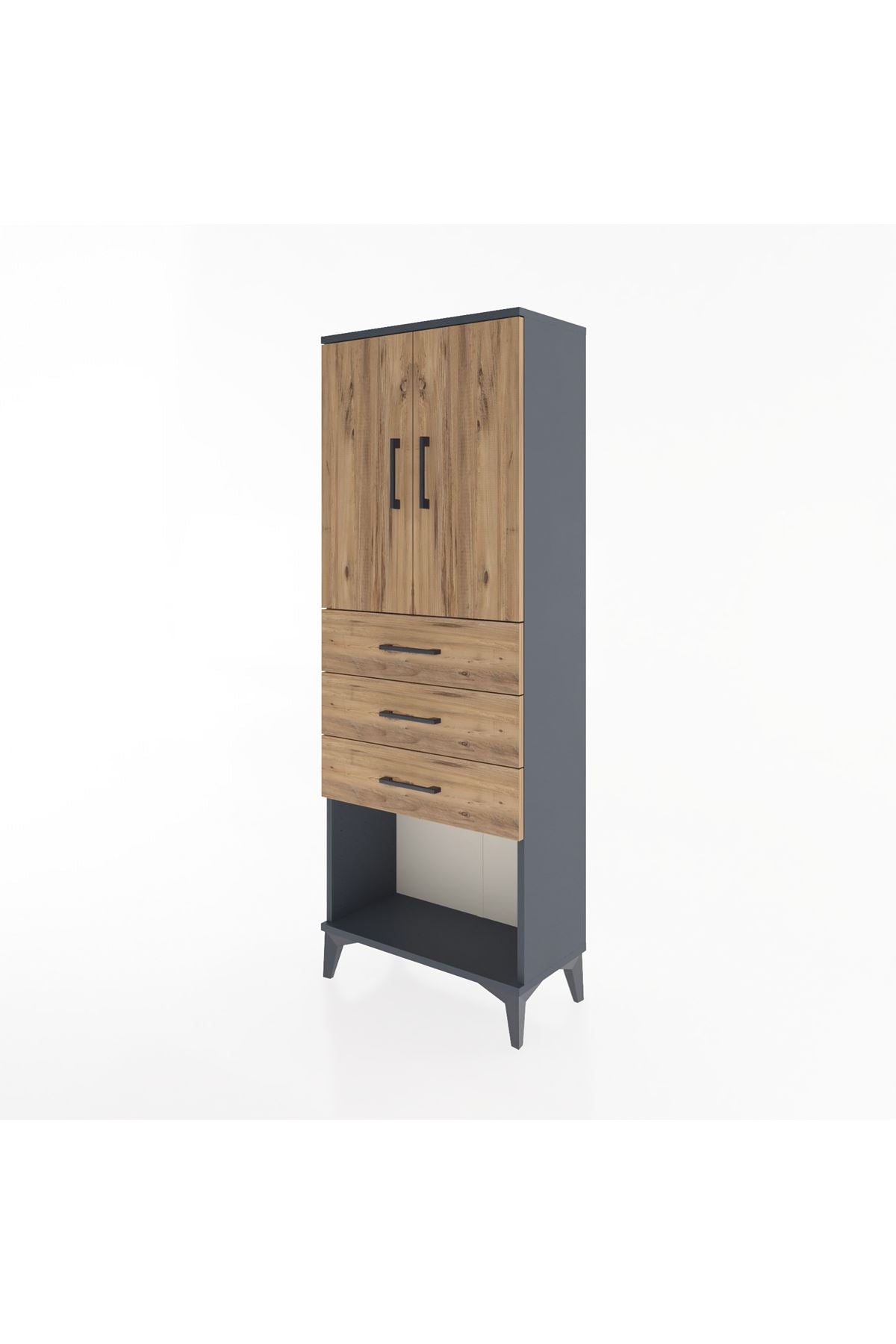 Arges Dolap 3 Raflı 3 Çekmeceli 2 Kapaklı 60x30x163 Antrasit-Çam