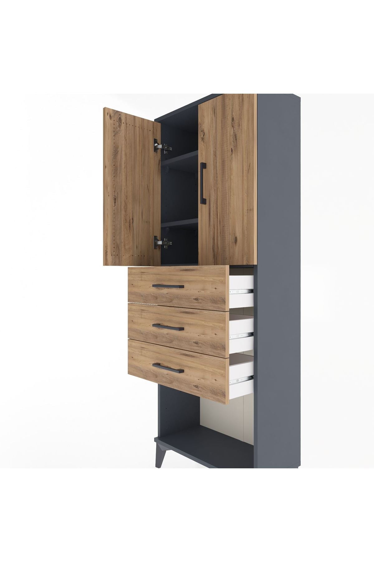 Arges Dolap 3 Raflı 3 Çekmeceli 2 Kapaklı 60x30x163 Antrasit-Çam