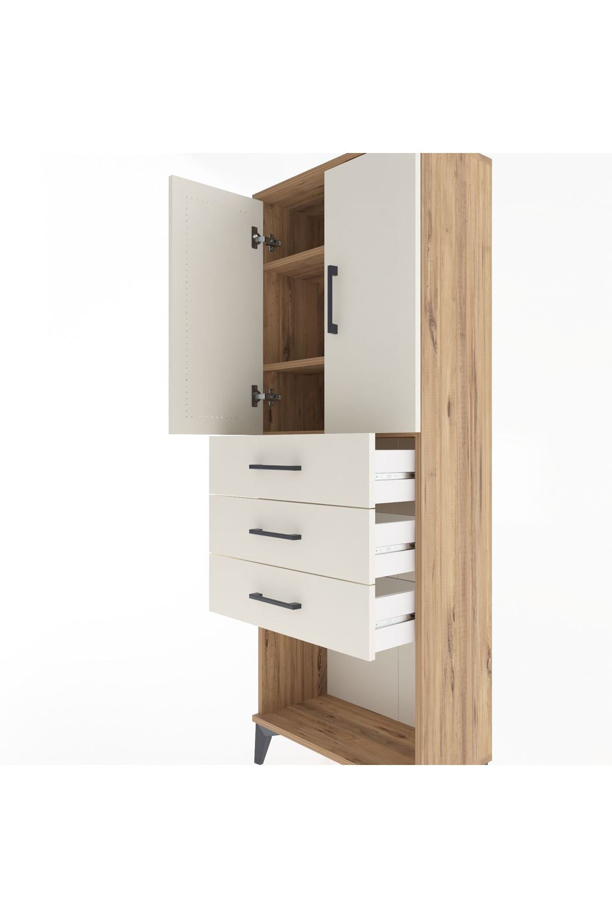 Arges Dolap 3 Raflı 3 Çekmeceli 2 Kapaklı 60x30x163 Çam-Aytaşı