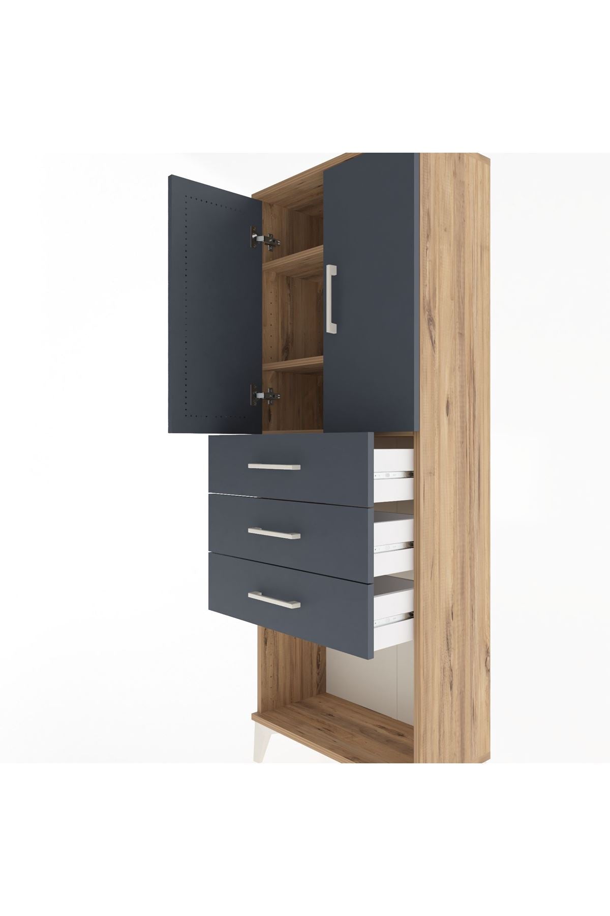 Arges Dolap 3 Raflı 3 Çekmeceli 2 Kapaklı 60x30x163 Çam-Antrasit