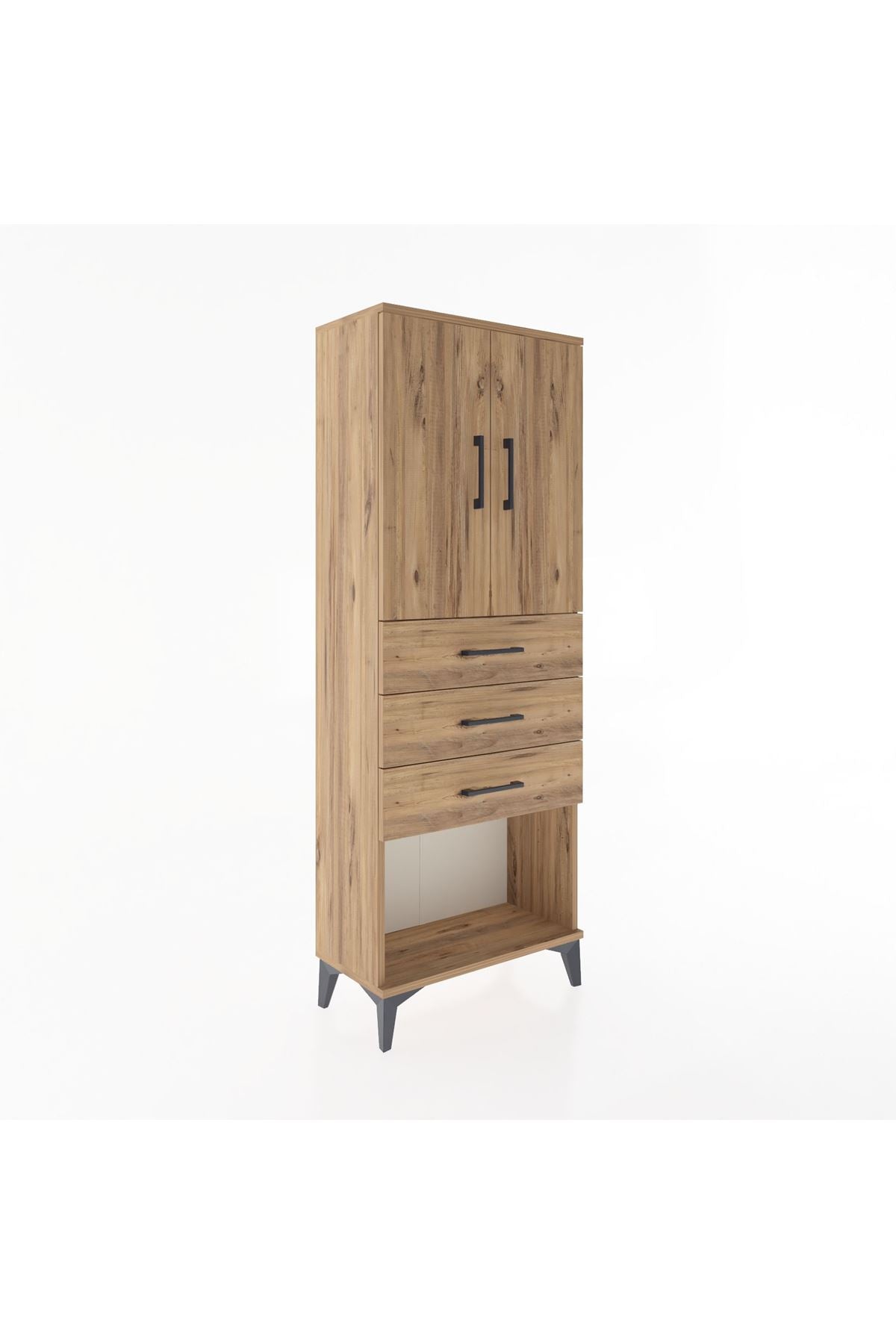 Arges Dolap 3 Raflı 3 Çekmeceli 2 Kapaklı 60x30x163 Çam-Çam