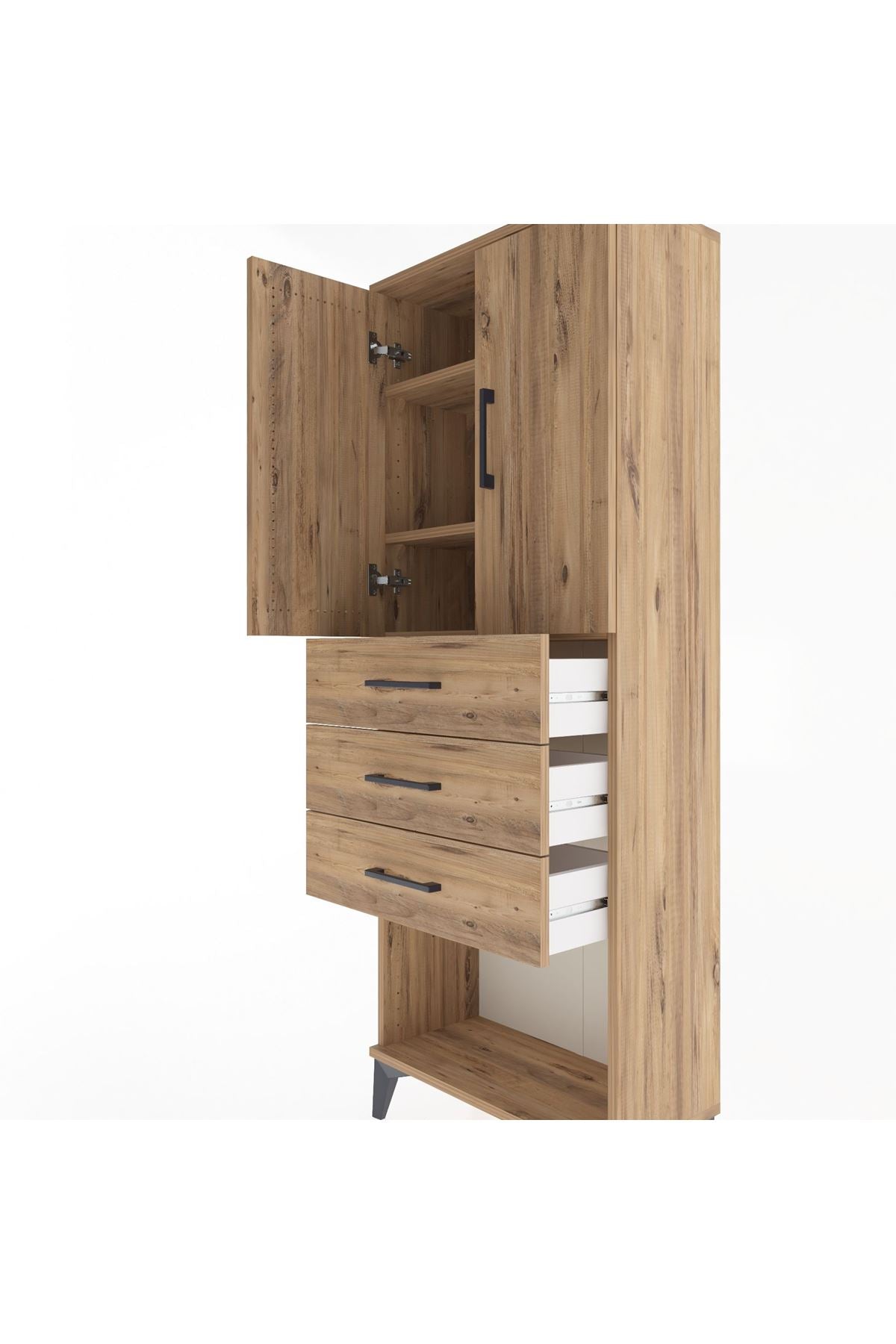 Arges Dolap 3 Raflı 3 Çekmeceli 2 Kapaklı 60x30x163 Çam-Çam