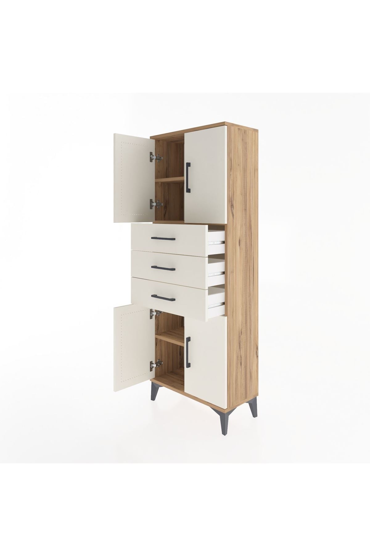 Arges Dolap 3 Raflı 3 Çekmeceli 4 Kapaklı 60x30x163 Çam-Aytaşı