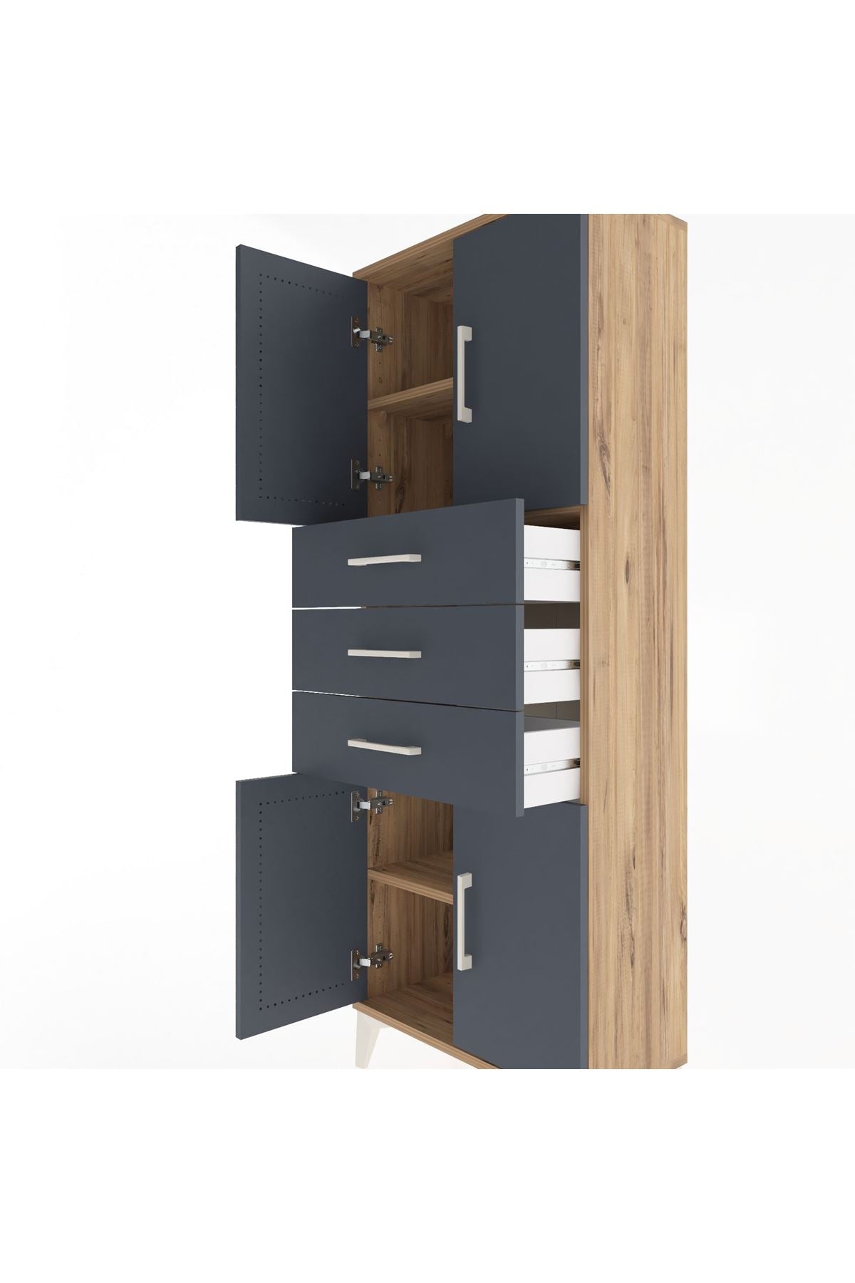 Arges Dolap 3 Raflı 3 Çekmeceli 4 Kapaklı 60x30x163 Çam-Antrasit