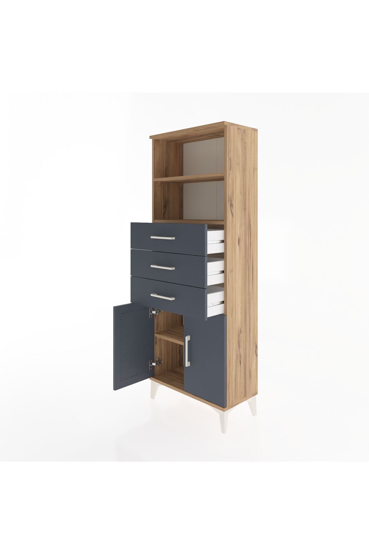 Arges Dolap 3 Raflı 3 Çekmeceli 2 Kapaklı 60x30x163 Çam-Antrasit