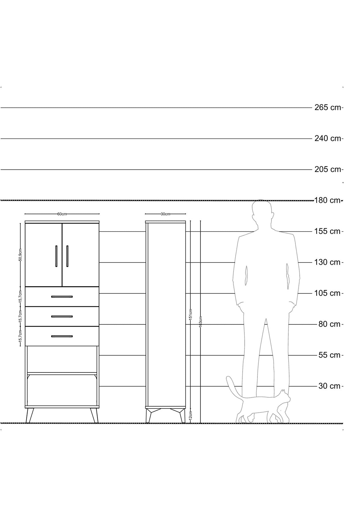 Arges Dolap 3 Raflı 3 Çekmeceli 2 Kapaklı 60x30x163 Antrasit-Çam