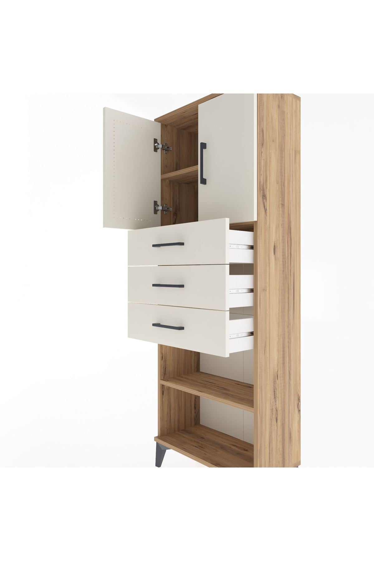 Arges Dolap 3 Raflı 3 Çekmeceli 2 Kapaklı 60x30x163 Çam-Aytaşı