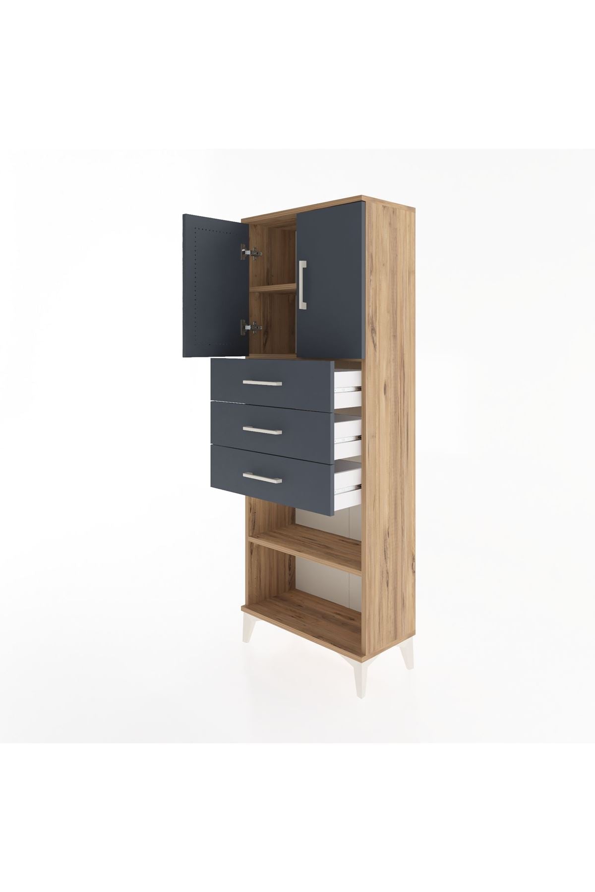 Arges Dolap 3 Raflı 3 Çekmeceli 2 Kapaklı 60x30x163 Çam-Antrasit