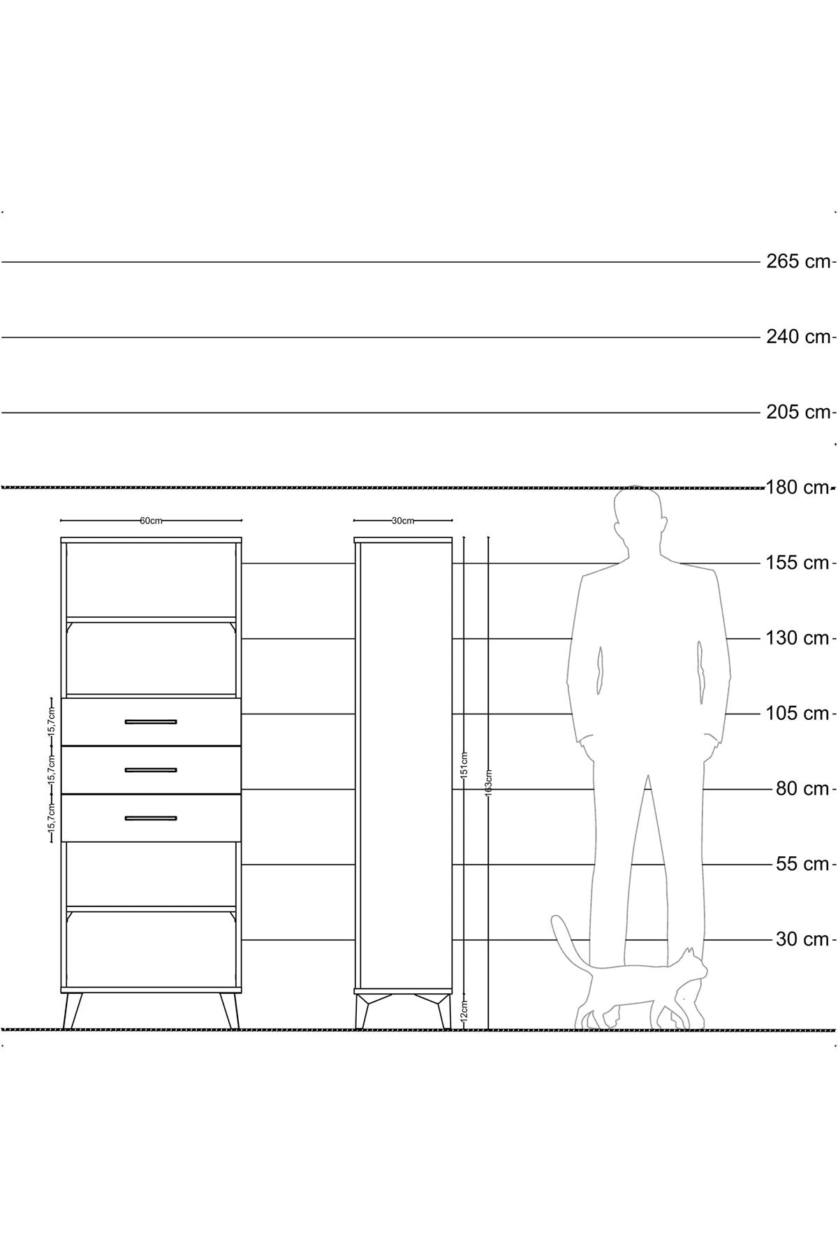 Arges Dolap 3 Raflı 3 Çekmeceli 60x30x163 Çam-Antrasit