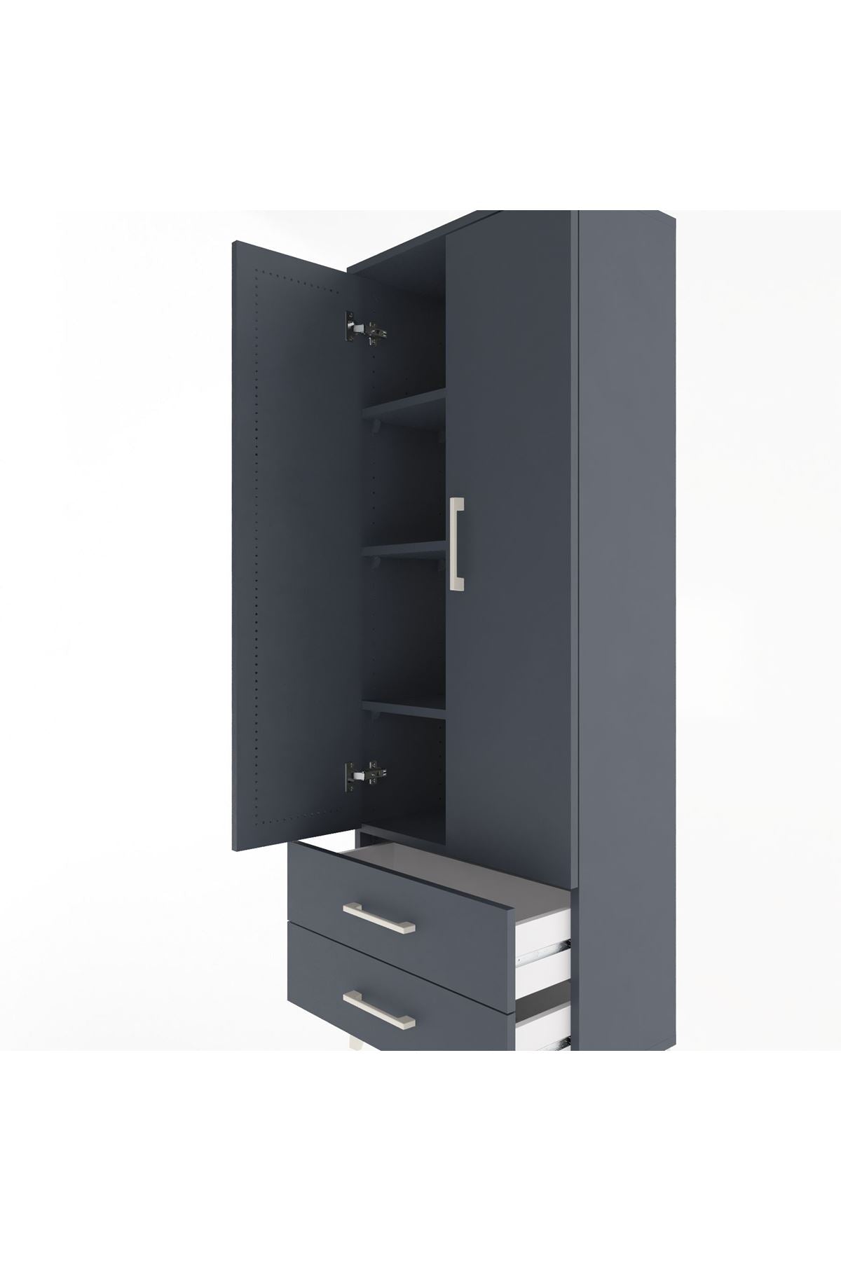 Arges Dolap 4 Raflı 2 Çekmeceli 2 Kapaklı 60x30x163 Antrasit-Antrasit