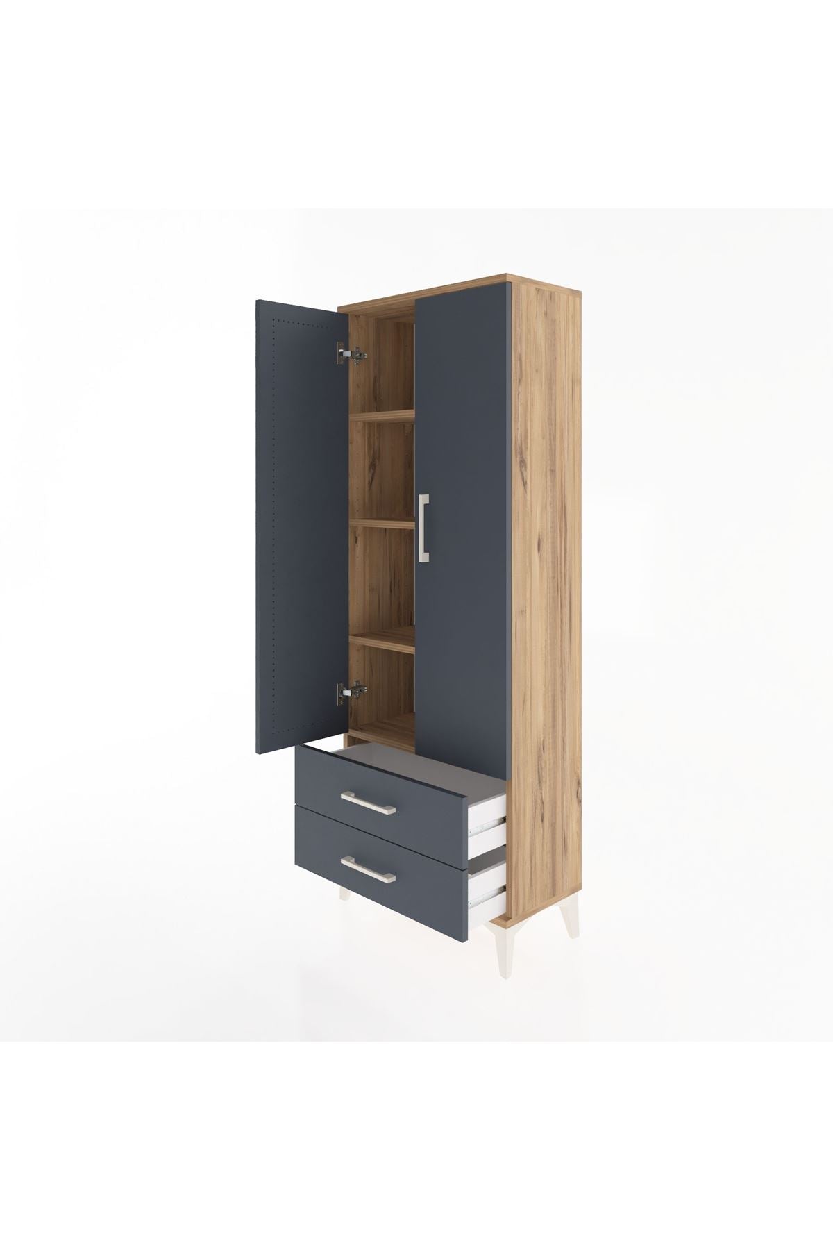 Arges Dolap 4 Raflı 2 Çekmeceli 2 Kapaklı 60x30x163 Çam-Antrasit