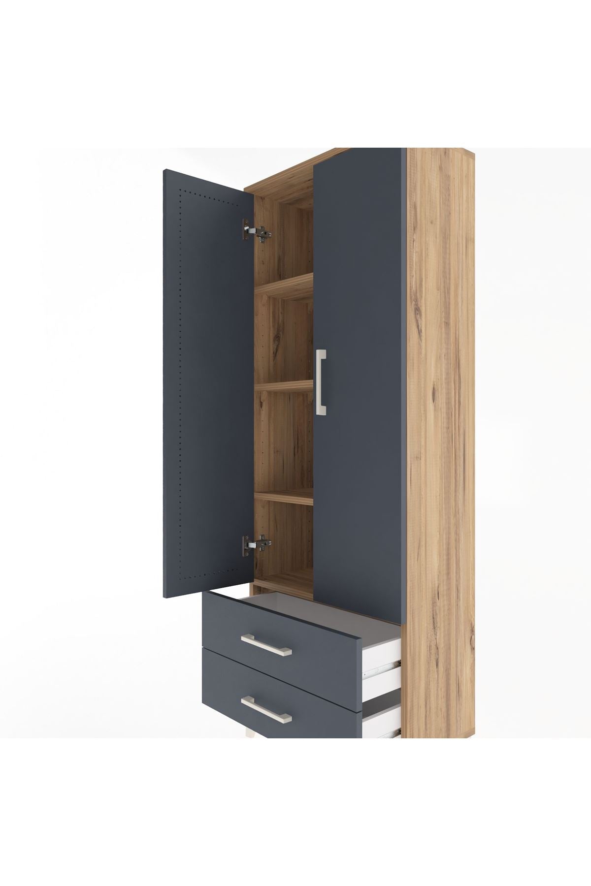 Arges Dolap 4 Raflı 2 Çekmeceli 2 Kapaklı 60x30x163 Çam-Antrasit
