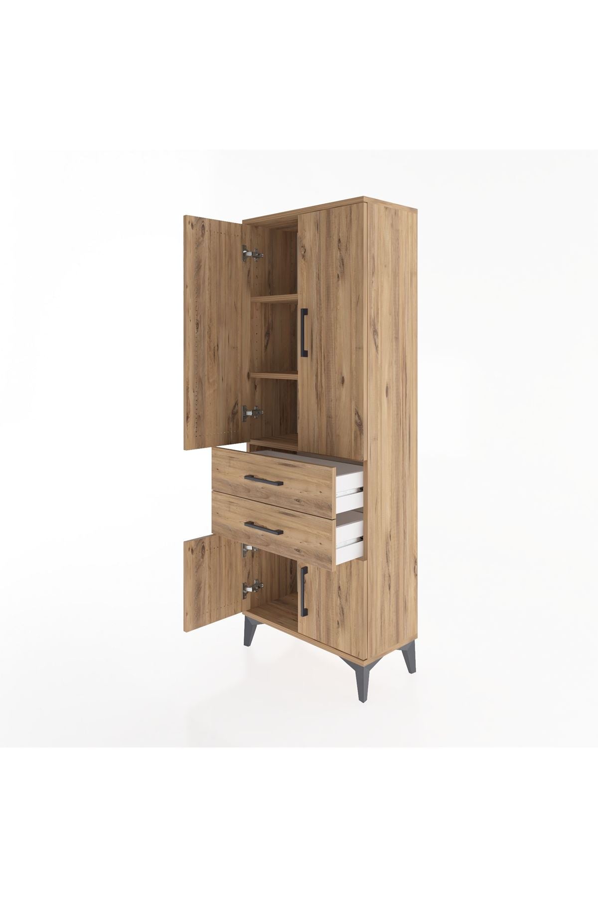 Arges Dolap 3 Raflı 2 Çekmeceli 4 Kapaklı 60x30x163 Çam-Çam