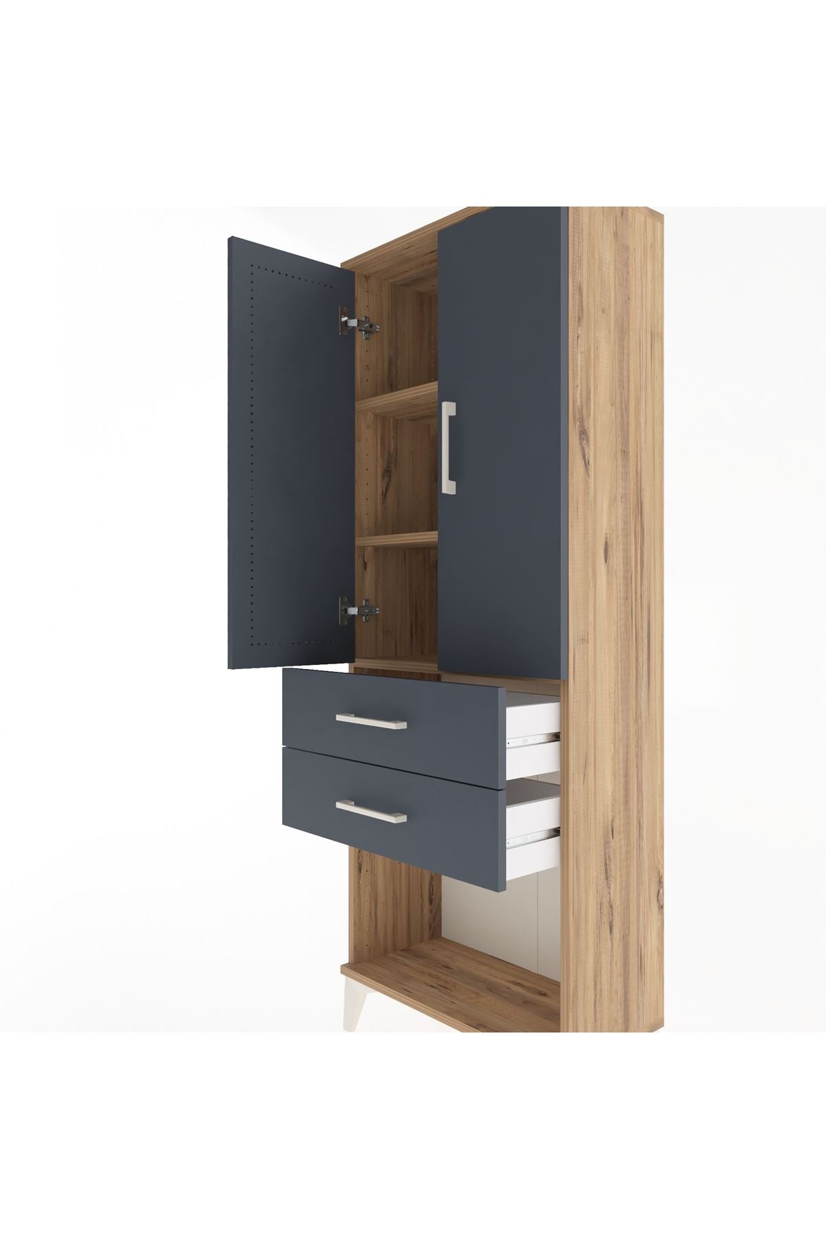 Arges Dolap 3 Raflı 2 Çekmeceli 2 Kapaklı 60x30x163 Çam-Antrasit