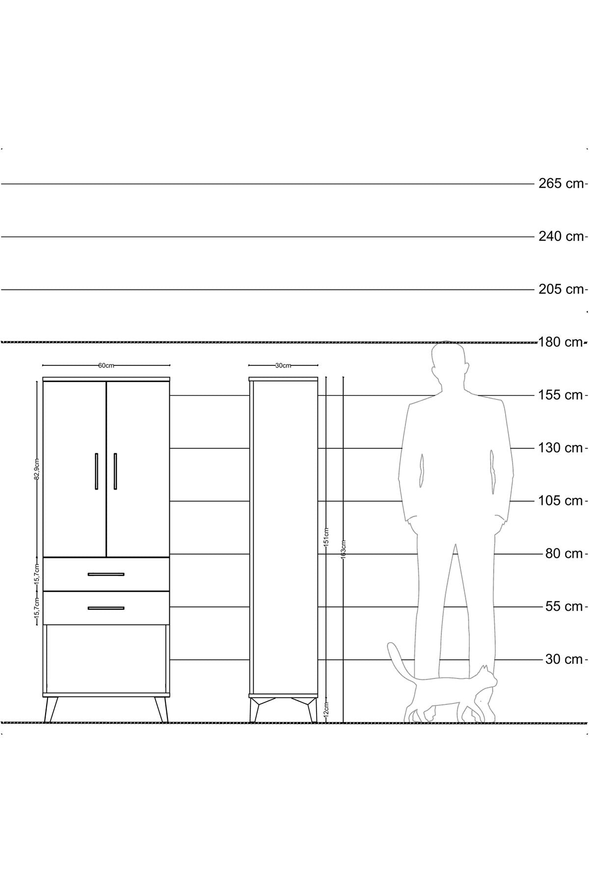 Arges Dolap 3 Raflı 2 Çekmeceli 2 Kapaklı 60x30x163 Çam-Antrasit
