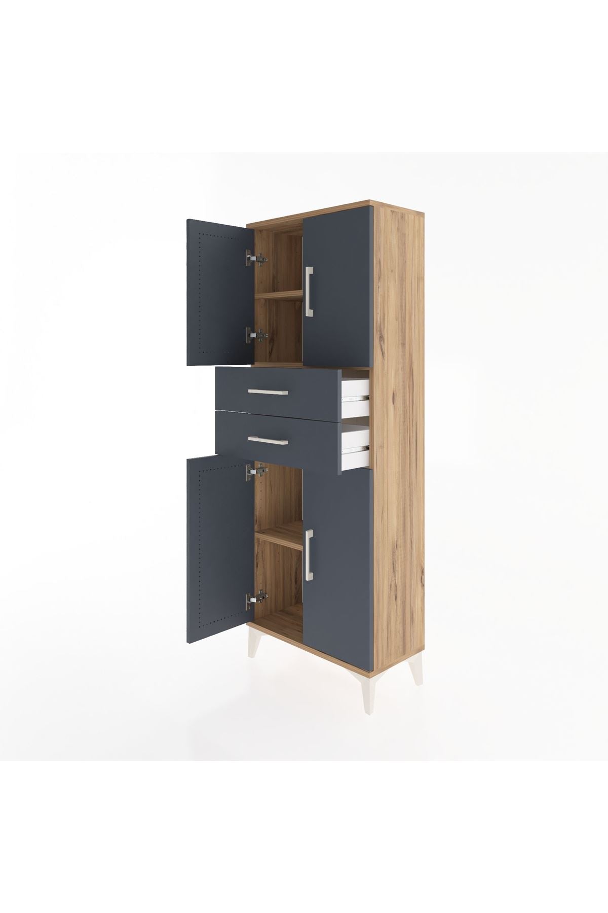 Arges Dolap 3 Raflı 2 Çekmeceli 4 Kapaklı 60x30x163 Çam-Antrasit