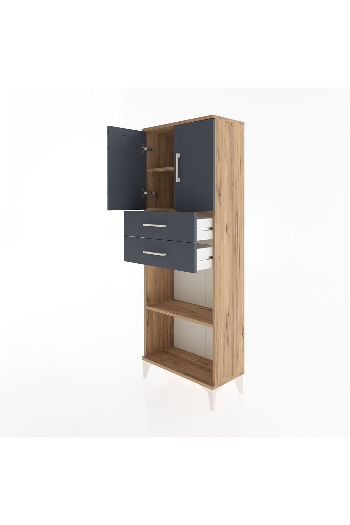 Arges Dolap 3 Raflı 2 Çekmeceli 2 Kapaklı 60x30x163 Çam-Antrasit