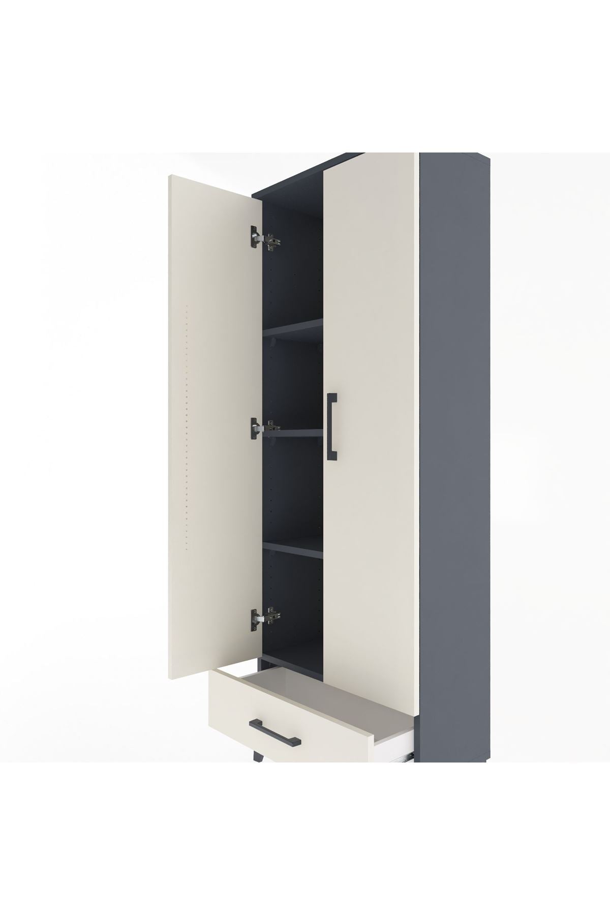 Arges Dolap 4 Raflı Tek Çekmeceli 2 Kapaklı 60x30x163 Antrasit-Aytaşı